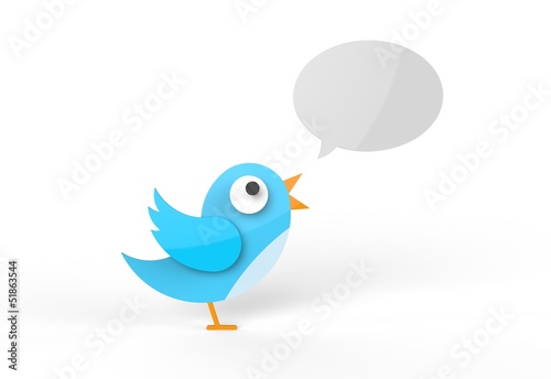 Cute twitter bird tweeting a message. Blank speech bubble.