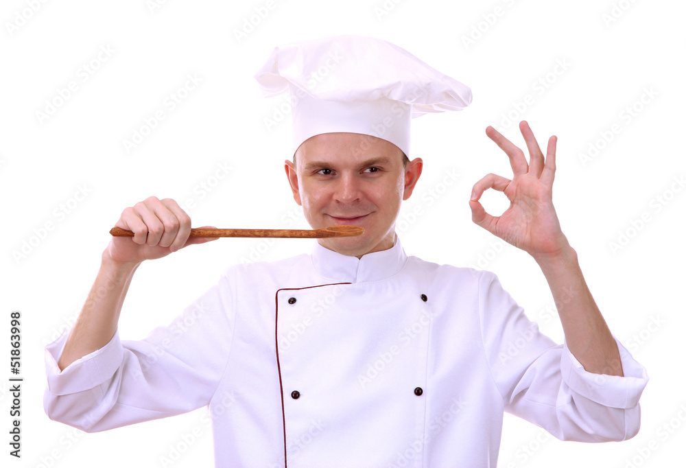portrait of chef with spoon isolated on white portrait of chef with spoon isolated on white
