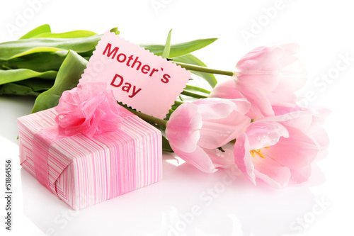 Fototapeta Naklejka Na Ścianę i Meble -  Beautiful bouquet of pink tulips and gift for Mother's Day,
