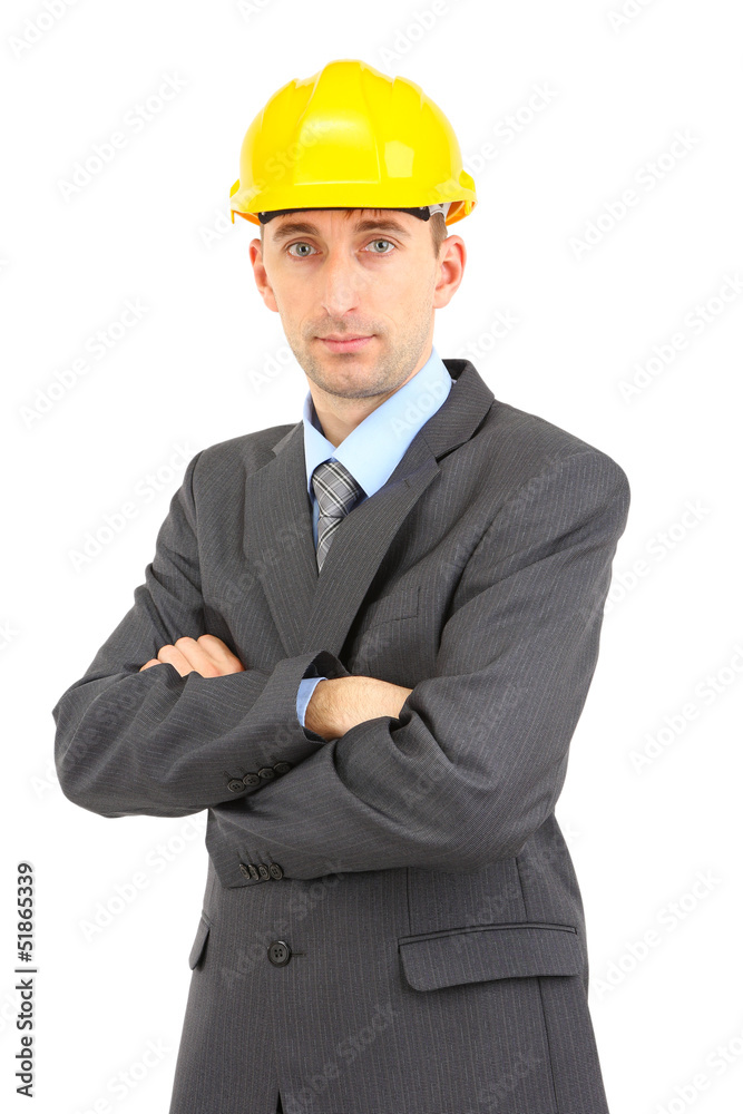 Young businessman in helmet isolated on white. Young businessman in helmet isolated on white.