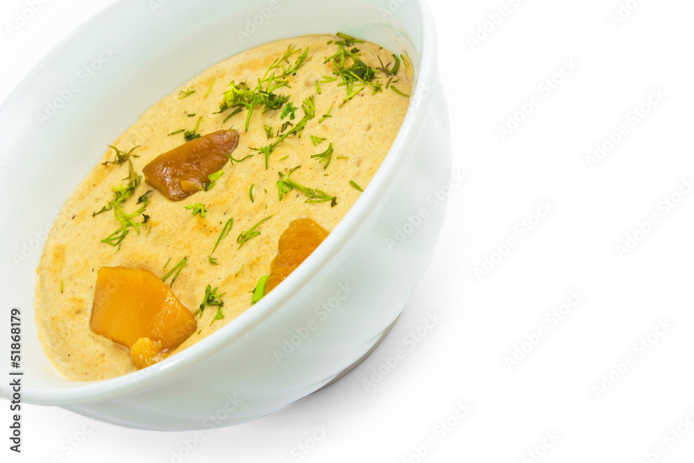 mushrooms soup a plate isolated on white background mushrooms soup a plate isolated on white background