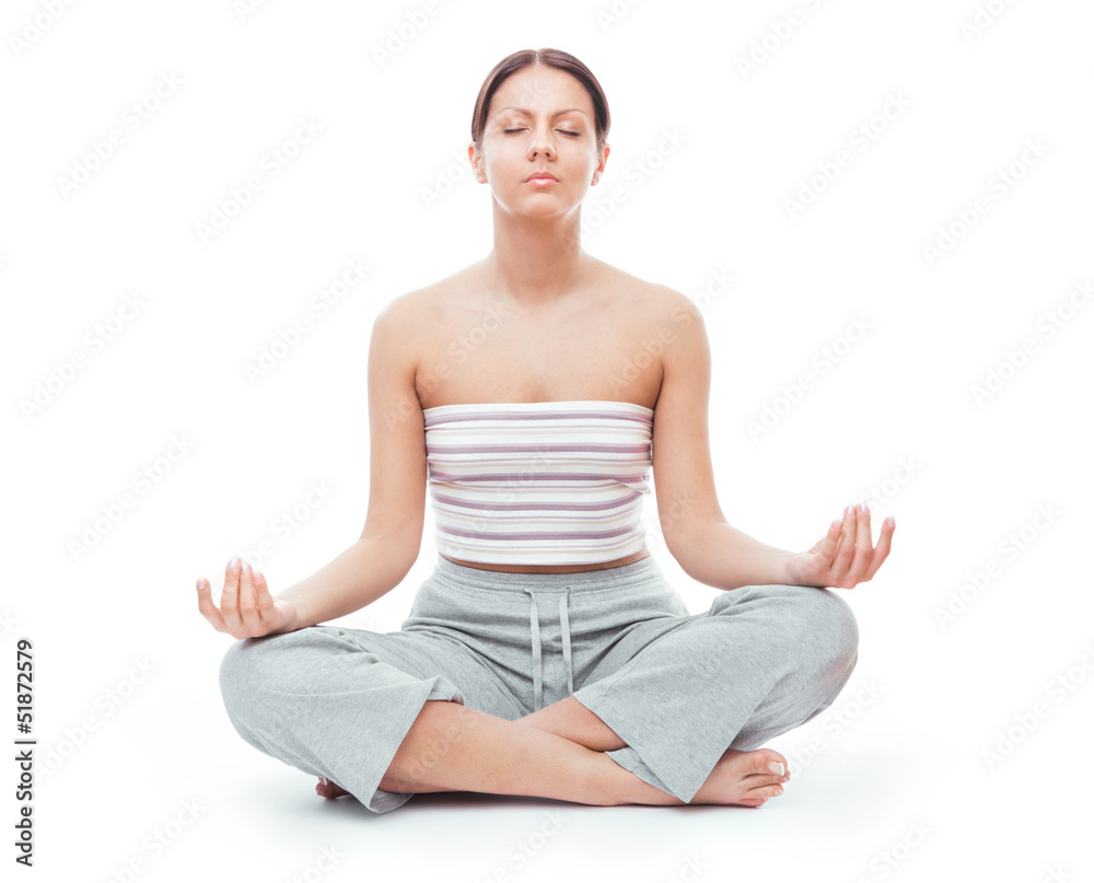 Woman in sports bra on yoga pose, isolated Woman in sports bra on yoga pose, isolated