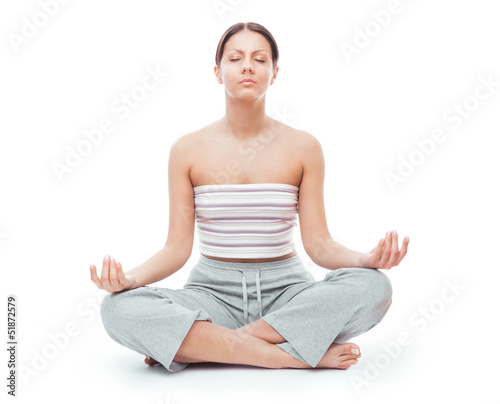 Woman in sports bra on yoga pose, isolated
