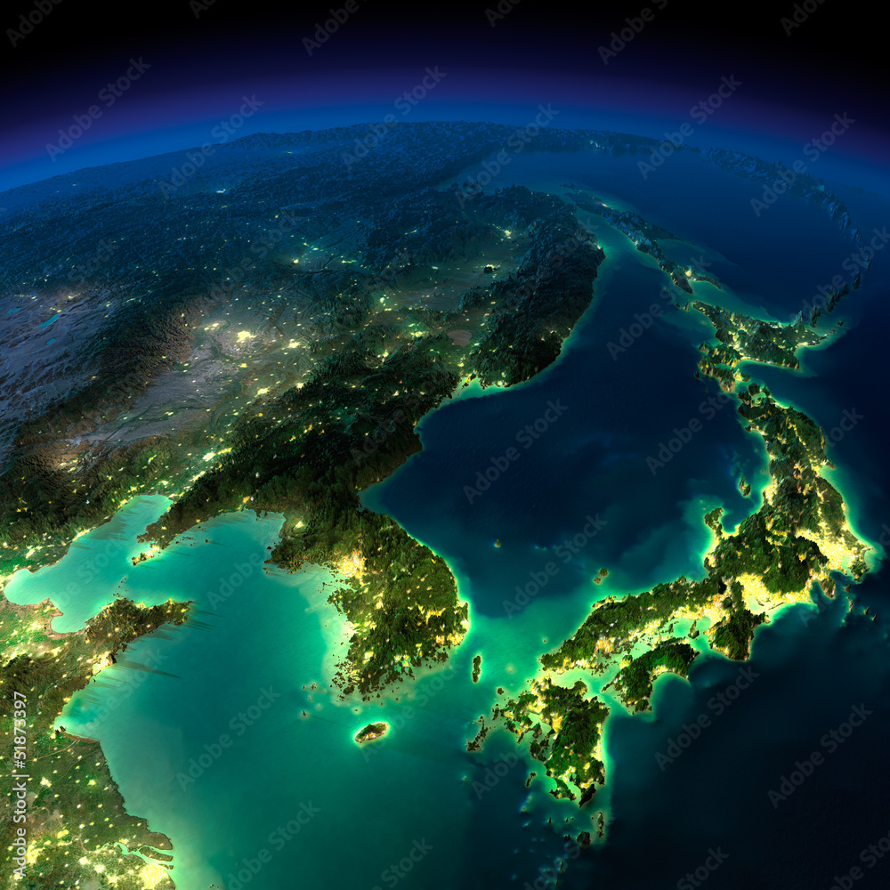 Fototapeta Noc Ziemia. Kawałek Azji - Korei, Japonii, Chin