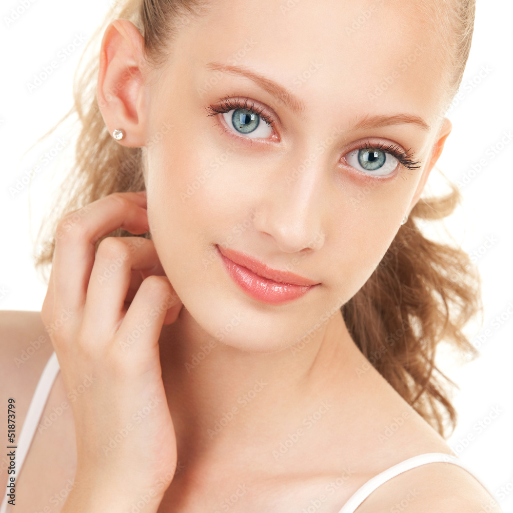 ortrait of young beautiful woman on white background