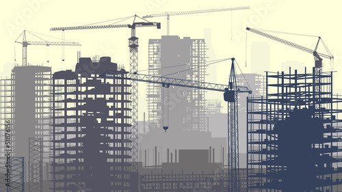 Illustration of construction site with cranes and building.