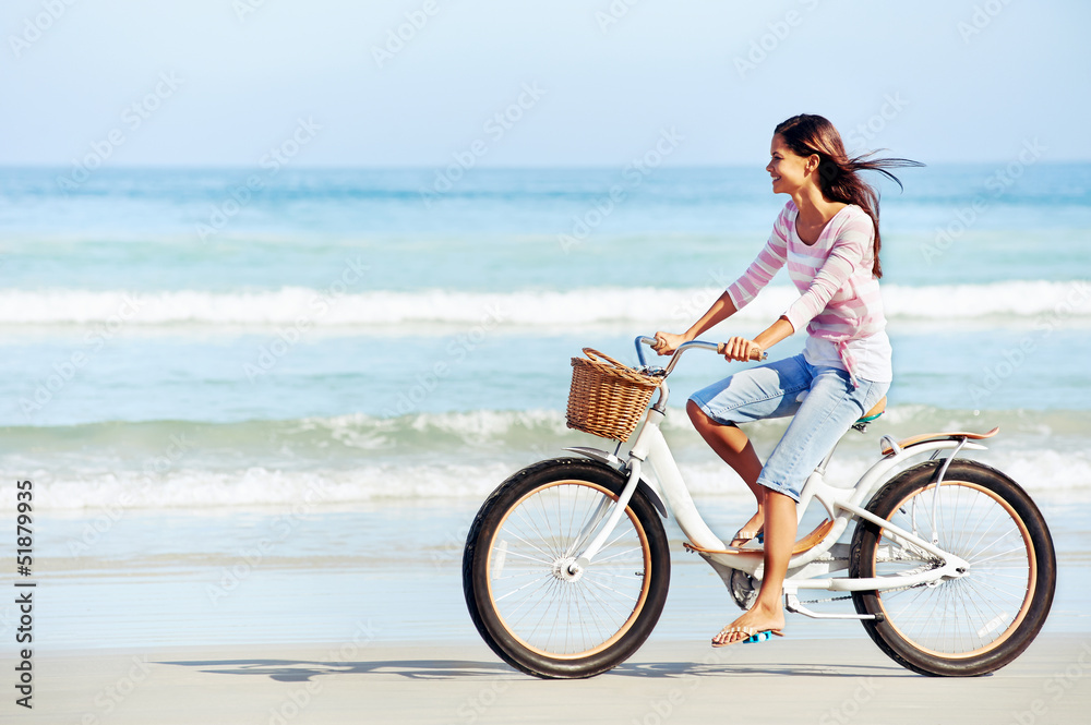 beach bicycle woman - obrazy, fototapety, plakaty 