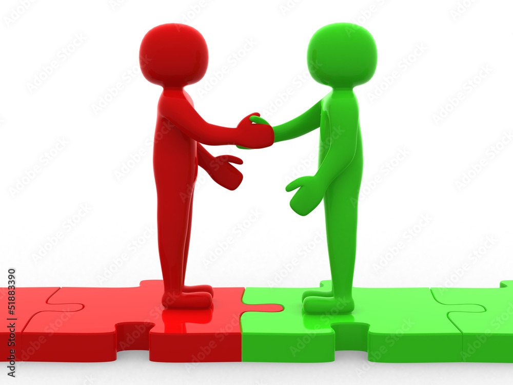 3d person shaking hands on puzzle pieces. The concept of busines 3d person shaking hands on puzzle pieces. The concept of busines
