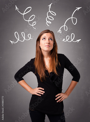 Young woman thinking with arrows overhead