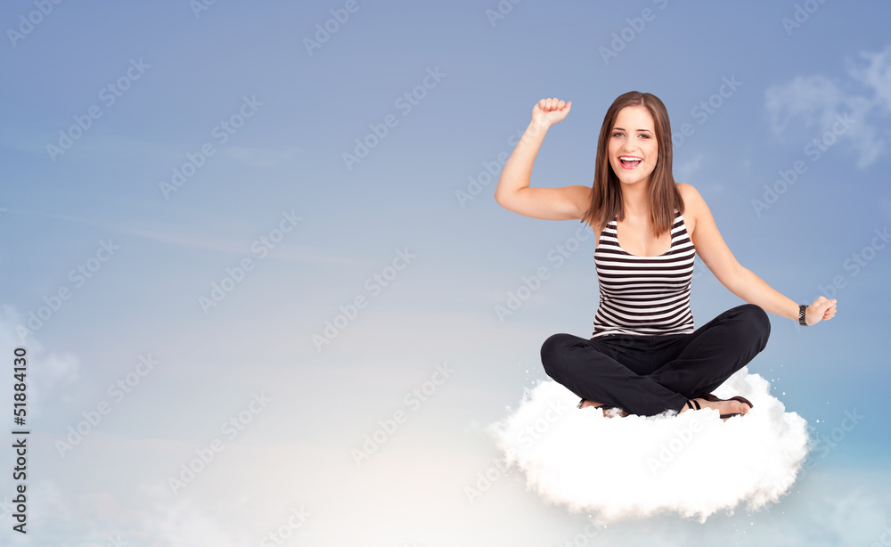 Young woman sitting on cloud with copy space Young woman sitting on cloud with copy space