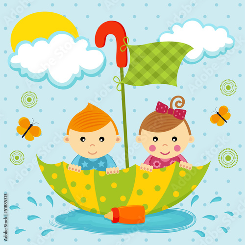 Obraz Chłopiec i dziewczynka na parasolce