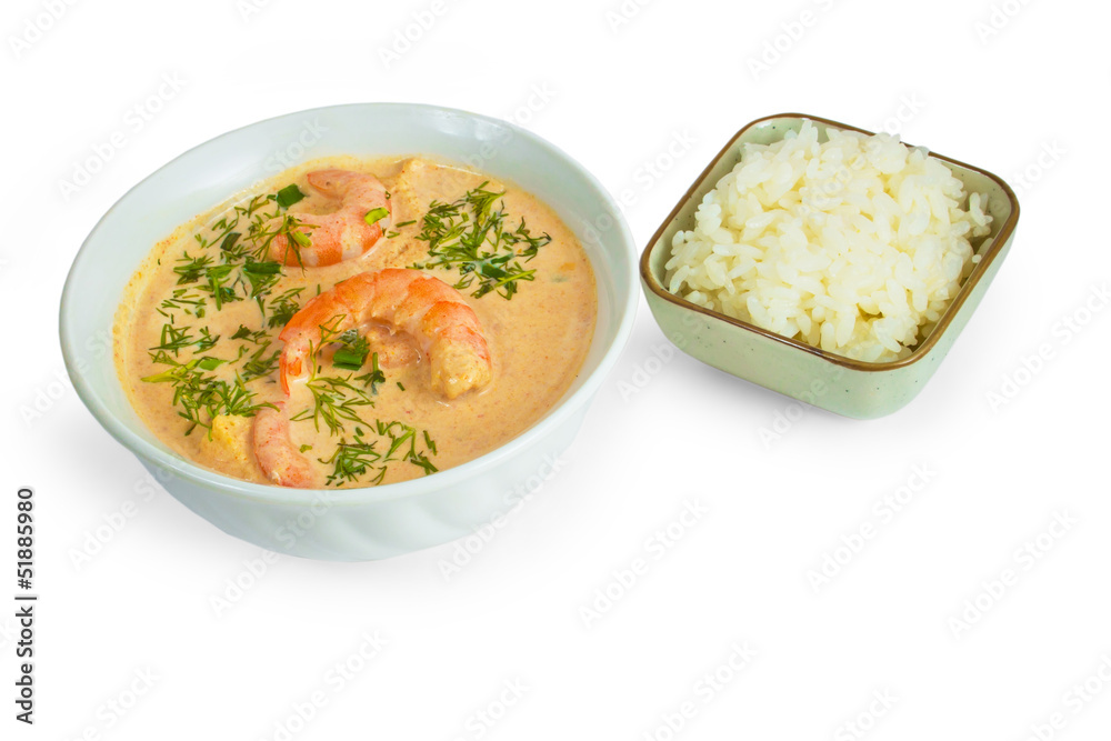 tasty soup shrimp rice plate isolated on white background