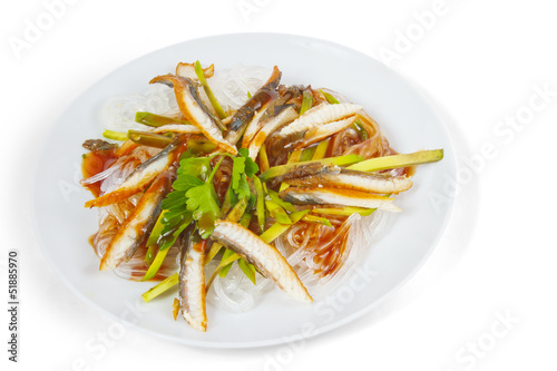 tasty rice extract fish plate long macaroni isolated on white ba