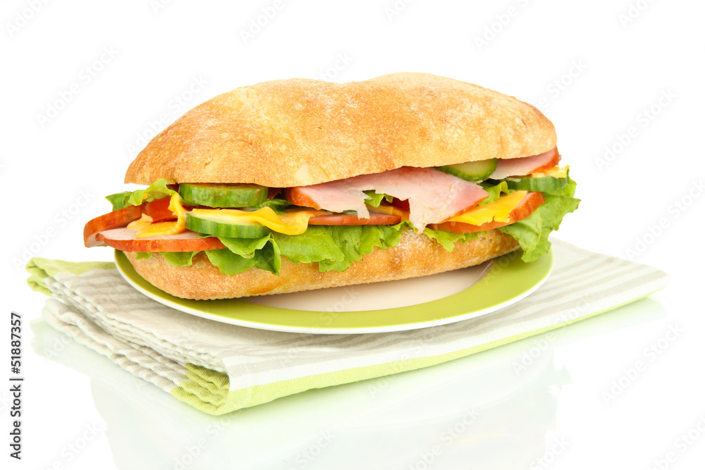 Fresh and tasty sandwich with ham and vegetables isolated