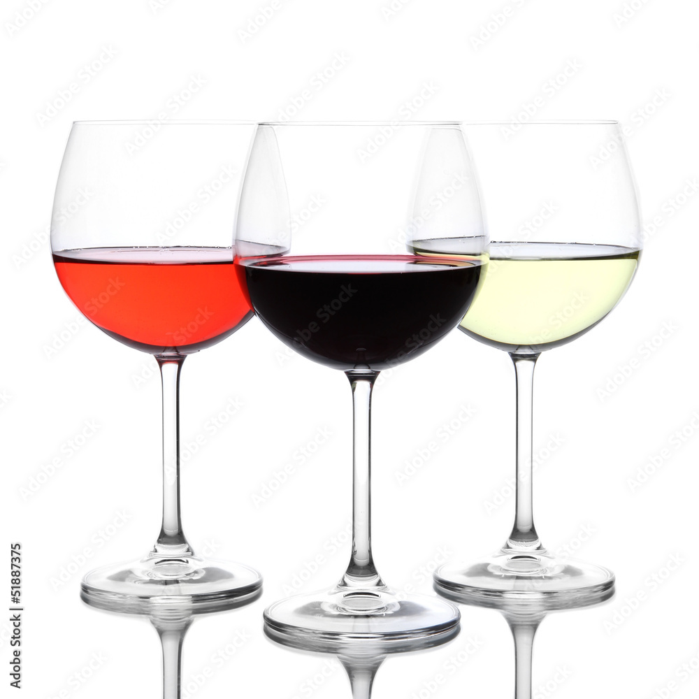 Assortment of wine in glasses isolated on white