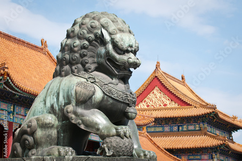 Bronze lion statue in Forbidden City, Beijing in China