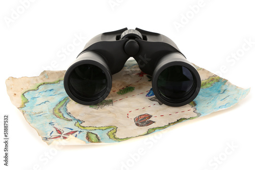 Black modern binoculars with map of adventure isolated on white