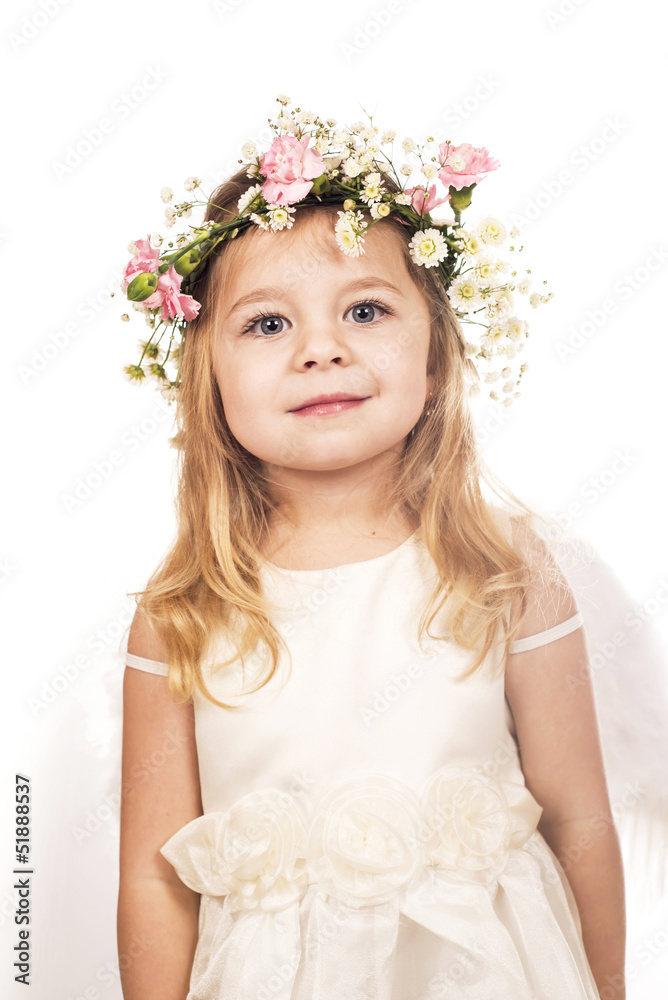 The girl an angel on a white background