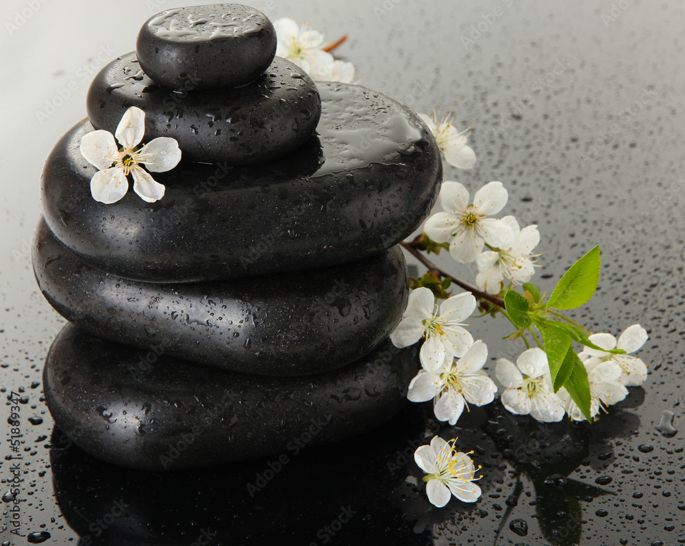 Spa stones and white flowers on dark background Spa stones and white flowers on dark background