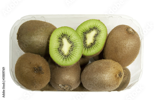 container with fresh kiwi on a white background