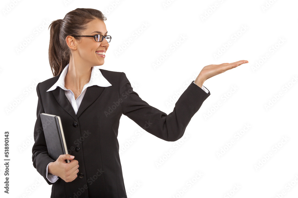 eautiful young brunet business woman showing direction eautiful young brunet business woman showing direction