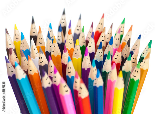 Colorful pencils as smiling faces people isolated. Social networ photo