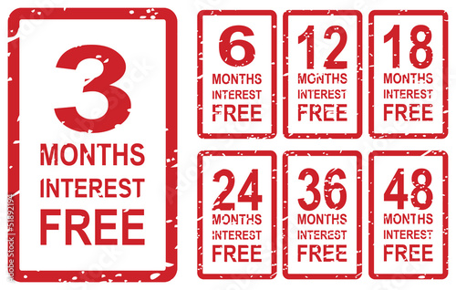 Set of red rubber stamps for interest free concept, including 3, 6, 12, 18, 24, 36 and 48 months interest free