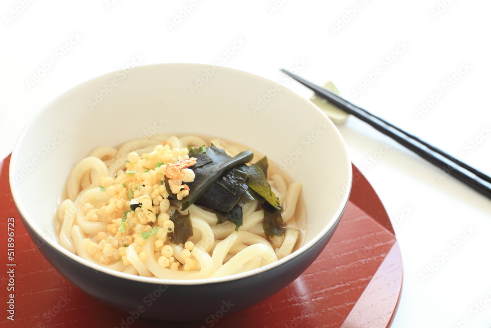 japanese cuisine, wakame udon on wooden tray japanese cuisine, wakame udon on wooden tray
