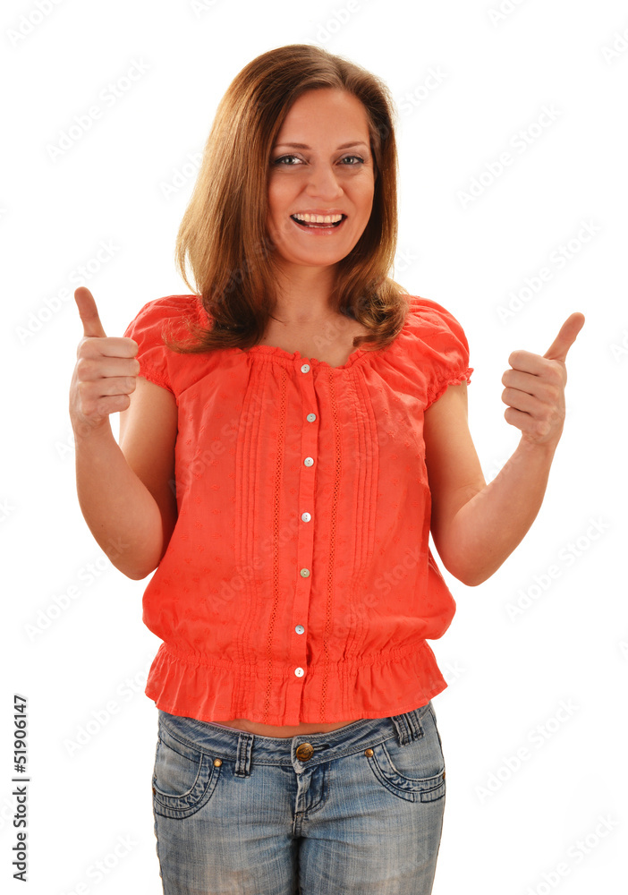 Smiling young woman presenting your product isolated on white Smiling young woman presenting your product isolated on white