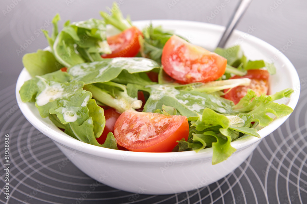 bowl of tomato salad with lettuce and sauce bowl of tomato salad with lettuce and sauce