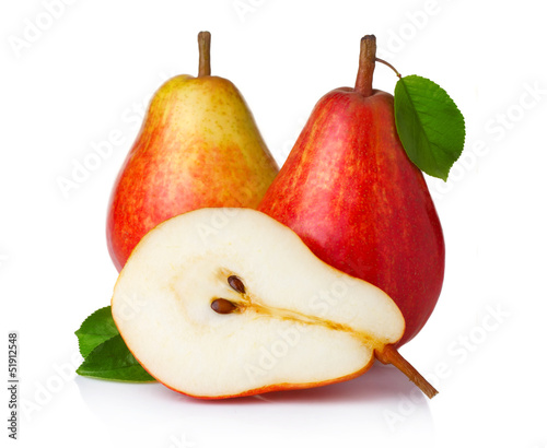 Ripe red pear fruits with green leaves isolated