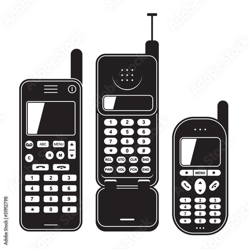 Old mobile phone set 90's. Black and white vector