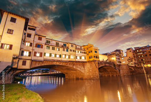 Florence  Italy. Wonderful sunset above Magnificent Ponte Vecchi