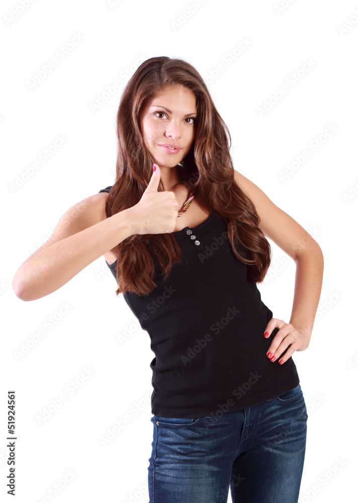 Young brunette woman thumbs up isolated on white background. Young brunette woman thumbs up isolated on white background.