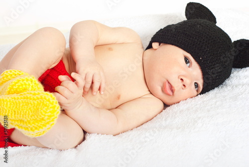 Beautiful baby boy in crochet costume