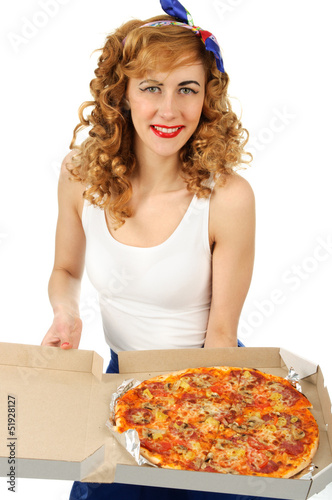 Smilling young woman with pizza