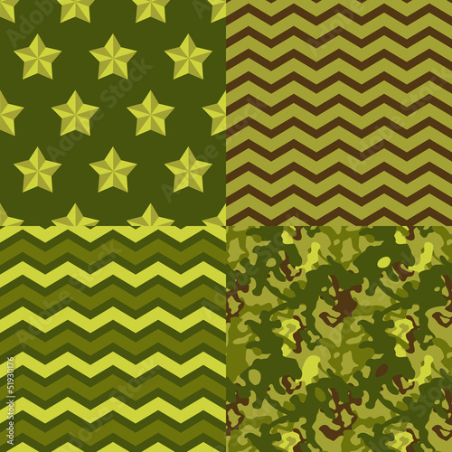 Military green seamless patterns set: camo, chevron, stars