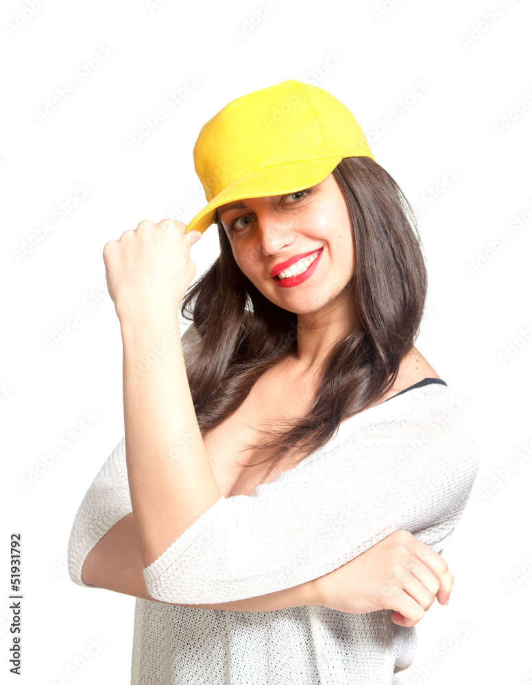 Attractive young woman wearing a yellow baseball cap Attractive young woman wearing a yellow baseball cap