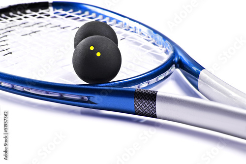 Blue and silver squash racket and balls