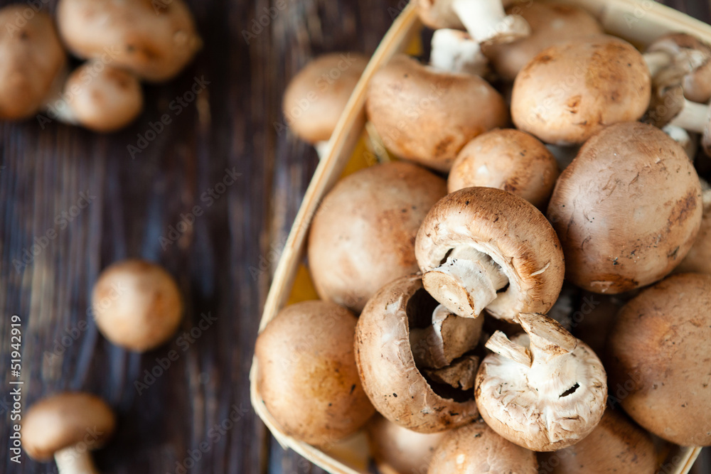 champignons in a basket on dark boards