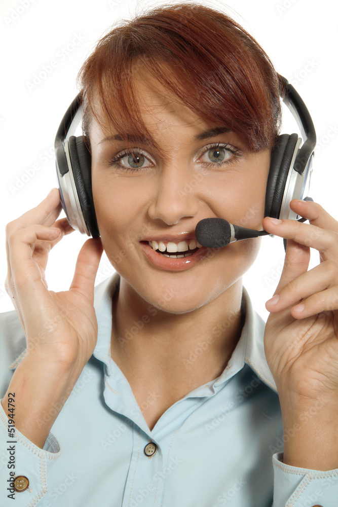 Fototapeta premium Beautiful customer support on white background