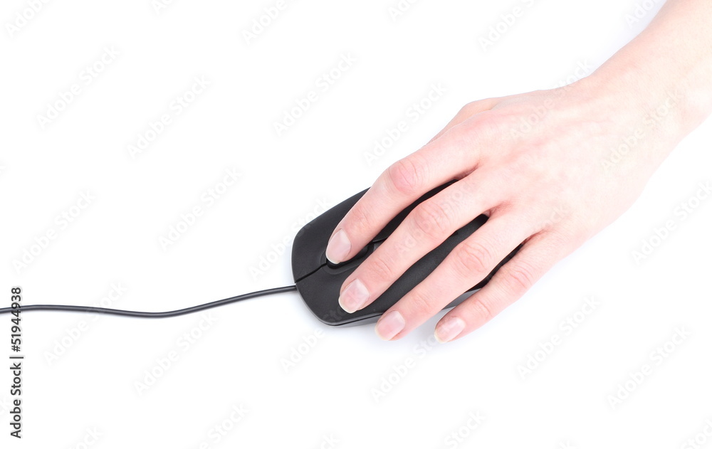 Closeup computer mouse and hand on white background Closeup computer mouse and hand on white background
