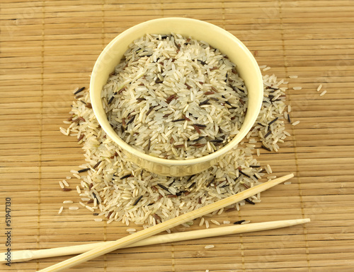 China color rice and bowl with chopsticks on brown straw mat