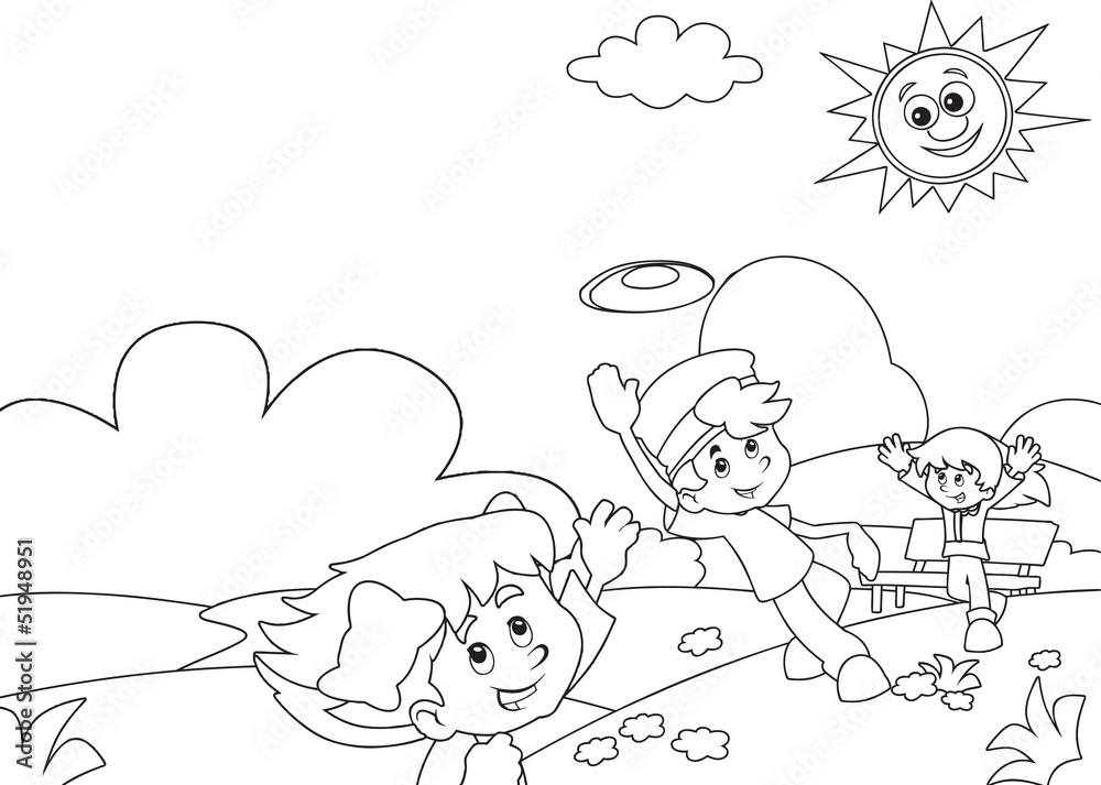 Fototapeta Kolorowanki kreskówki z dziećmi w parku - ilustracja dla dzieci
