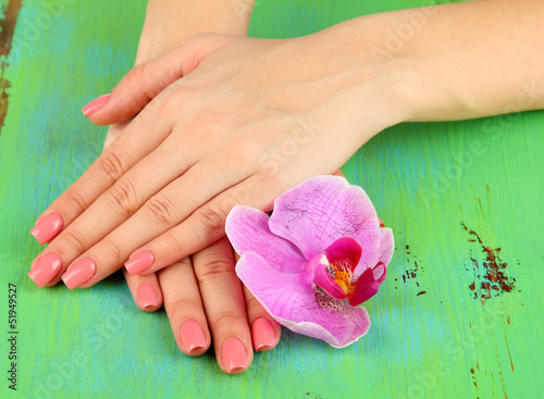 Fototapeta Naklejka Na Ścianę i Meble -  Woman hands with pink manicure and orchid on color background