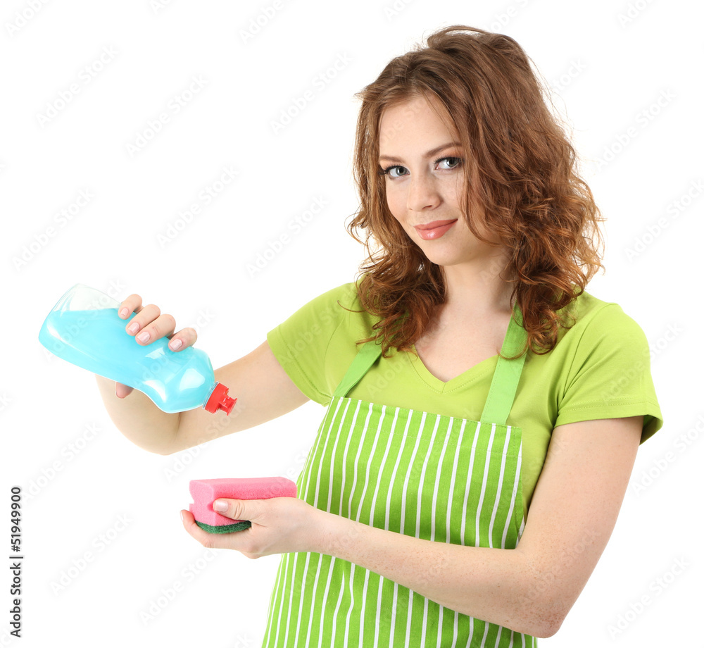 Young housewife with cleaner and sponge isolated on white Young housewife with cleaner and sponge isolated on white