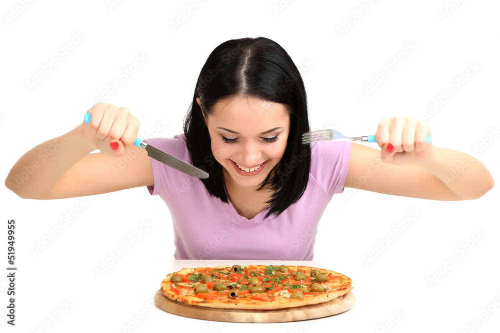 Beautiful girl wants to eat pizza isolated on white Beautiful girl wants to eat pizza isolated on white
