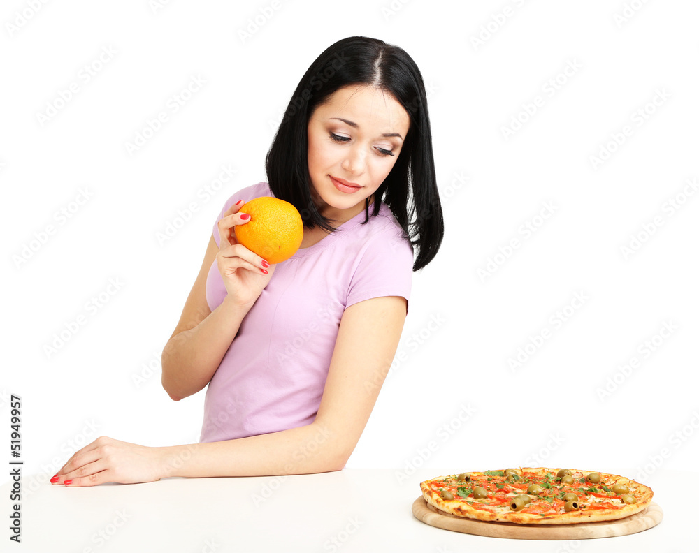 Pretty girl selects pizza or diet isolated on white Pretty girl selects pizza or diet isolated on white