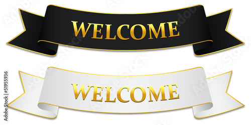 Black & white welcome bands with gold lettering