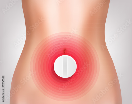 Woman belly with pill and red point. Vector illustration.